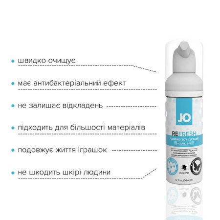 Мягкая пенка для очистки игрушек JO REFRESH (50 мл) дезинфицирующая, проникает глубоко || М’яка пінка для очищення іграшок JO REFRESH (50 мл), дезінфекційна, проникає глибоко