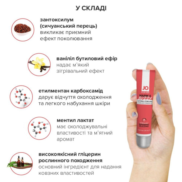 Возбуждающий гель для клитора JO WARM & BUZZY (10 мл) с эффектом жидкого вибратора